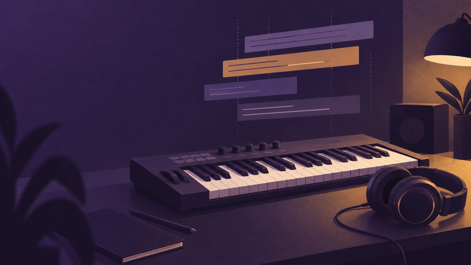 un clavier maitre et un casque poses sur un bureau sobre, vue de trois quarts